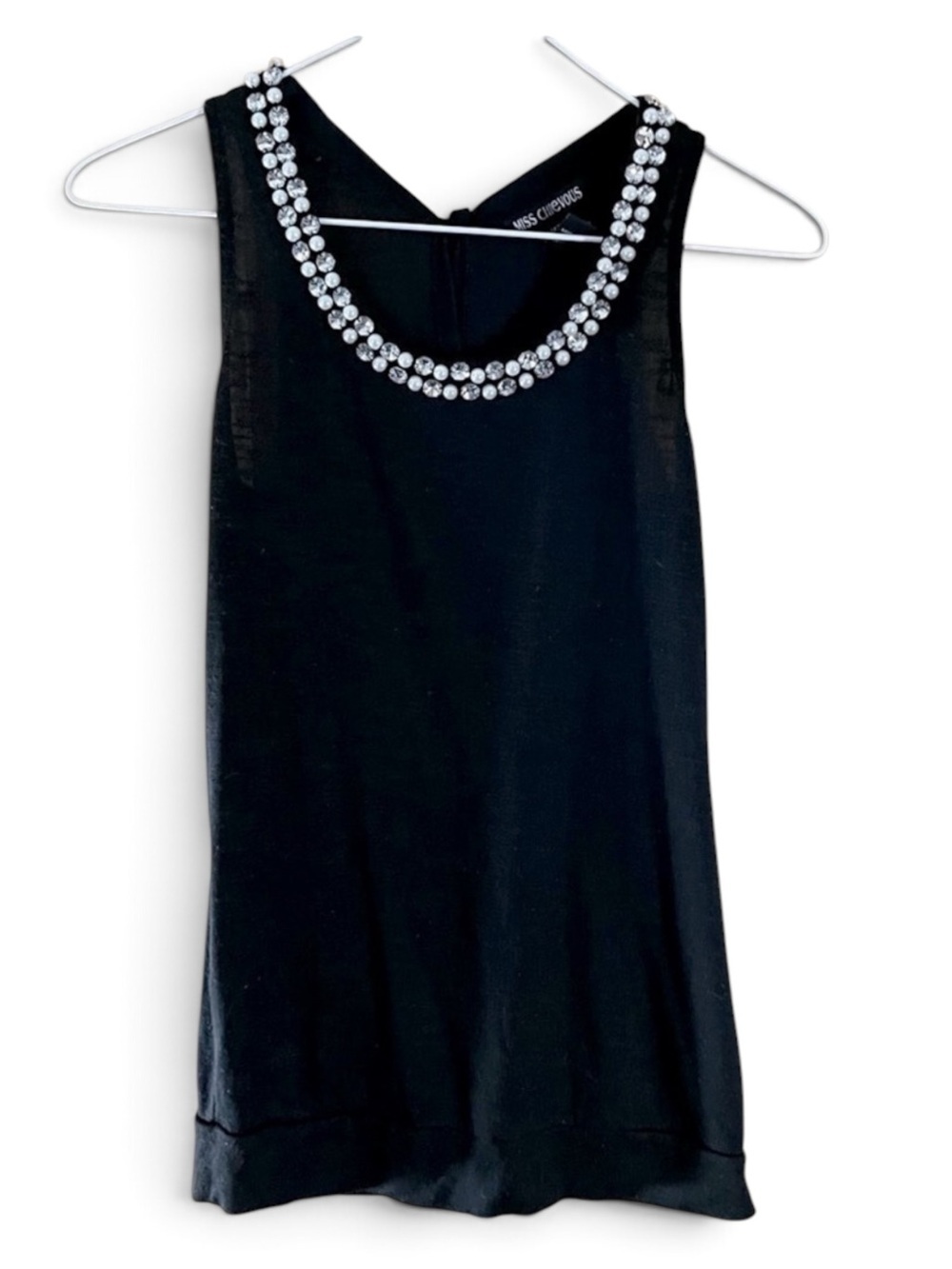 Miss Chievous Black Rhinestone/Pearl Long Back Ties Sleeveless Blouse